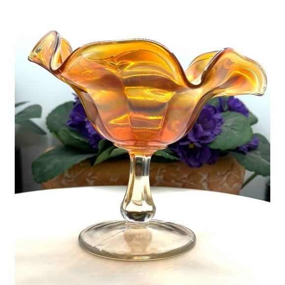 Vintage Iridescent Marigold Carnival Glass Compote Dish - Picture 3 of 8